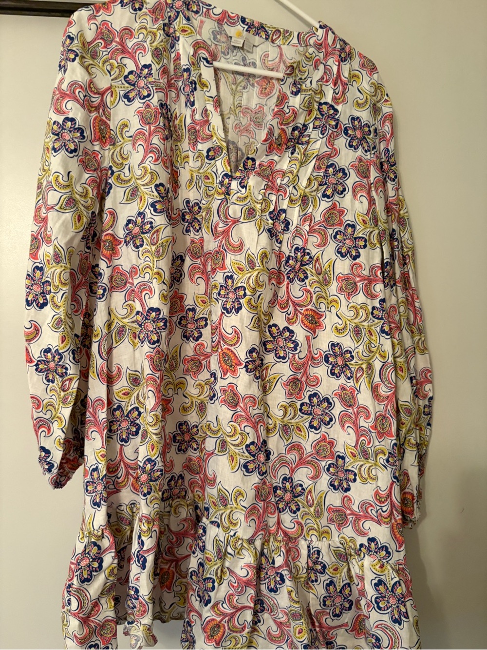 Boden Linen Floral Paisley V-Neck Women’s Dress White with Pink, Yellow & Blue